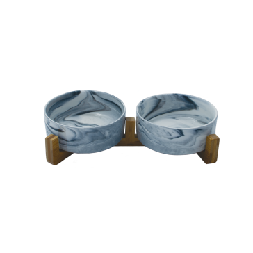 Urbanpaws Raised Double Ceramic Pet Bowl with Bamboo Stand - Marble-S
